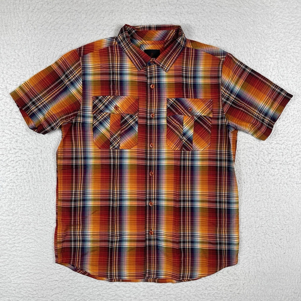Prana Shirt Mens Medium Plaid Organic Travel Vacation Hiking Outdoors Camping